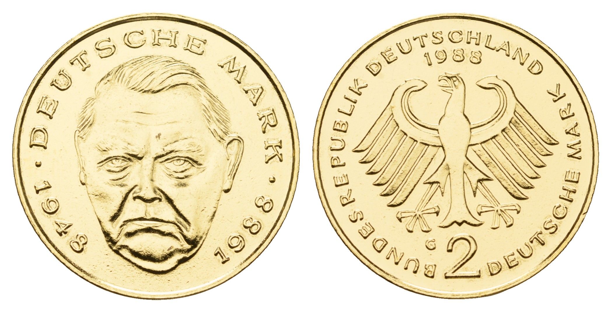ФРГ 2 марки 1988 G, Людвиг Эрхард, 40 лет Федеративной Республике (1948-1988) KM 170 медно никель плакированный золотом 11-015-41