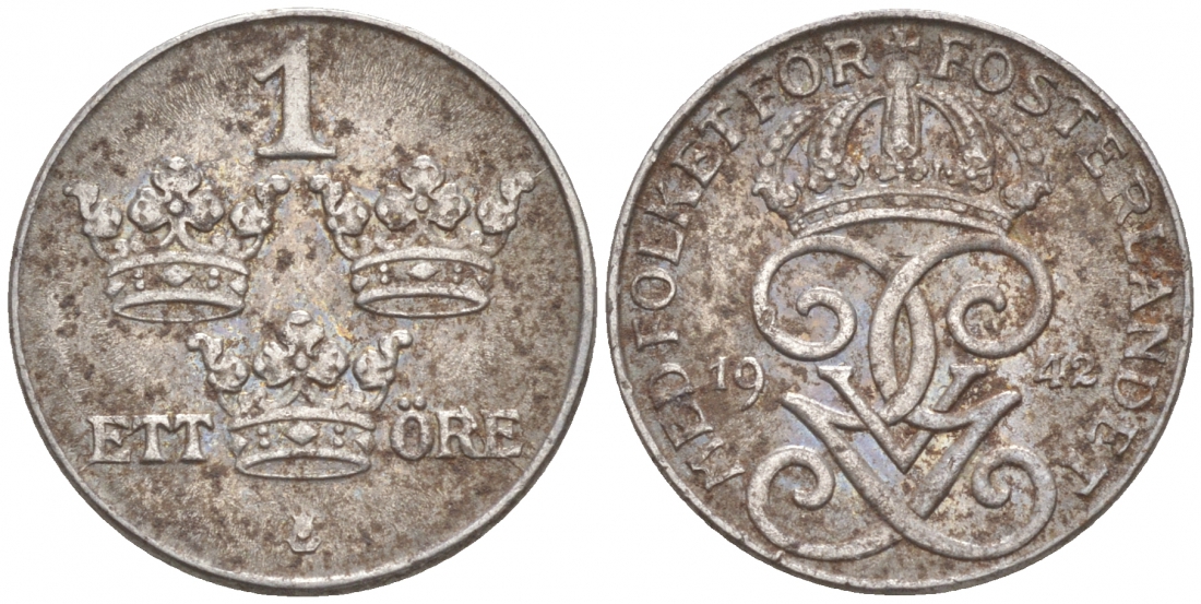 Швеция 1 эре 1942 Густав V (1907-1950) KM 810 железо 187-163