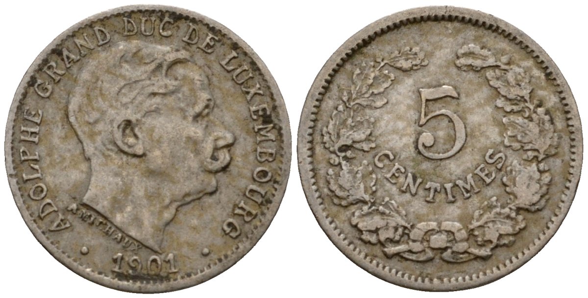 Люксембург 5 сантимов 1901 герцог Адольф (1890-1905) KM 24 медно-никель 4602-333
