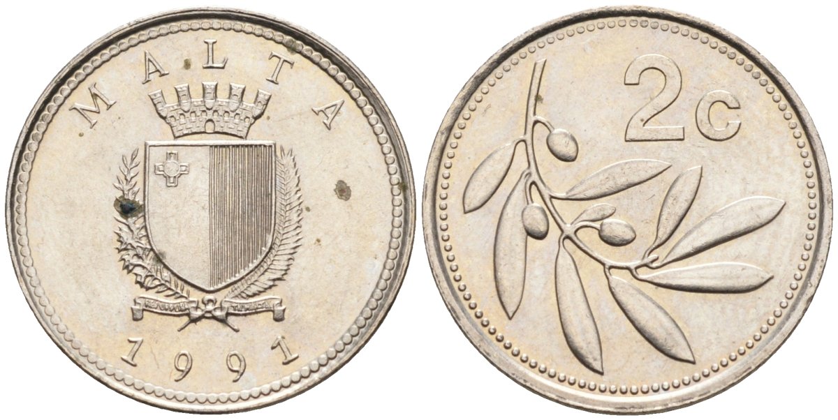 Мальта 2 цента 1991 оливковая ветвь KM 94 медно-никель 112-517