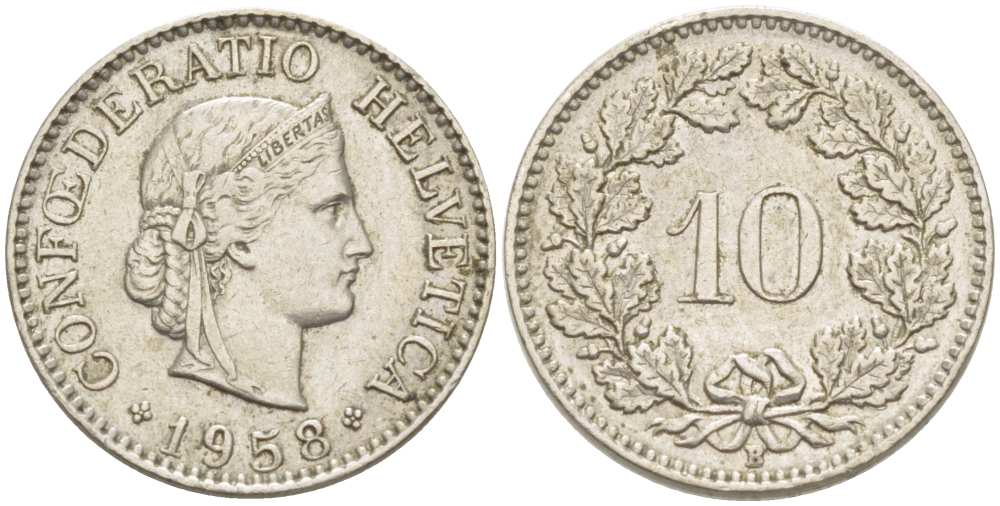 Швейцария 10 раппенов 1958 B KM 27 медно-никель     217-1136