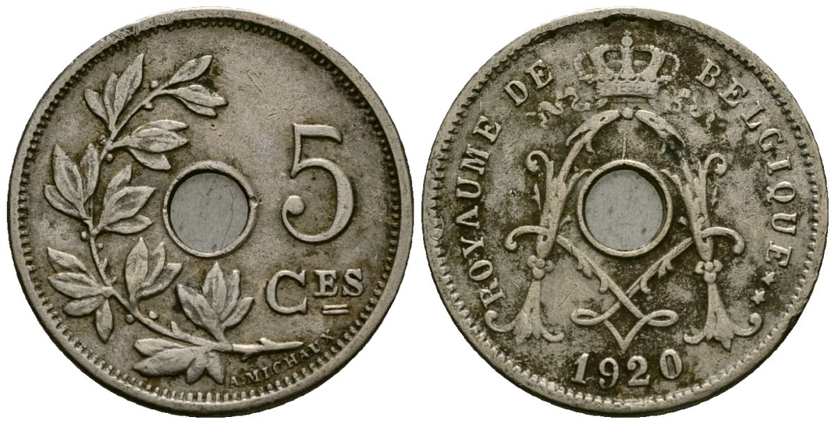 Бельгия 5 сантимов 1920 Belgique KM 66 медно-никель 4173-455