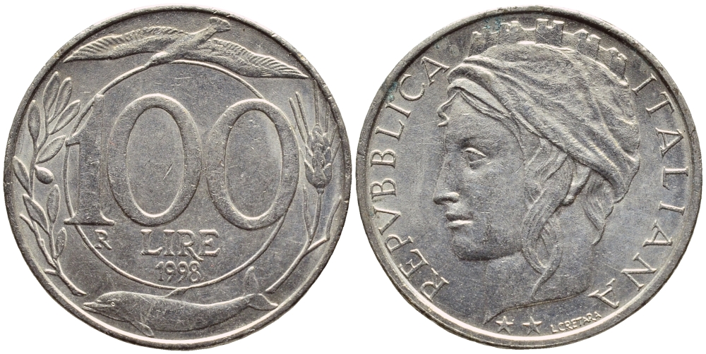 ИТАЛИЯ 100 ЛИР 1998 R KM 159 медно-никель 4397-541