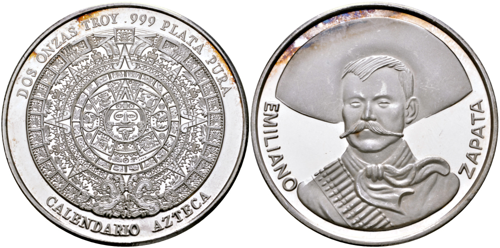 Мексика 2 унции ND АЦТЕКСКИЙ КАЛЕНДАРЬ, ЭМИЛИО ЦАПАТА (EMILIANO ZAPATA), диаметр 48 ММ., ВЕС 2 ТРОЙСКИЕ УНЦИИ серебро PROOF 00-00