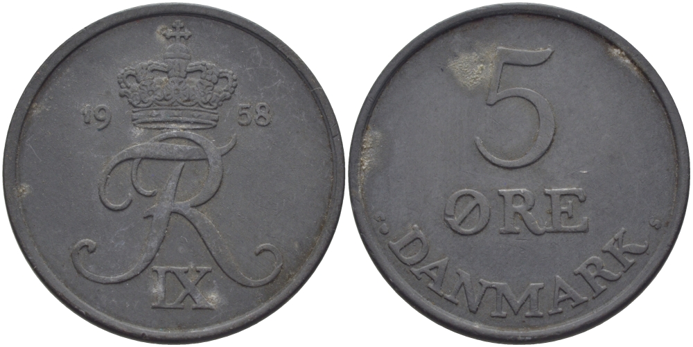 ДАНИЯ 5 ЭРЕ 1958 C; S, ФРЕДЕРИК IX (1947-1972) KM 843.2 цинк 97-1145