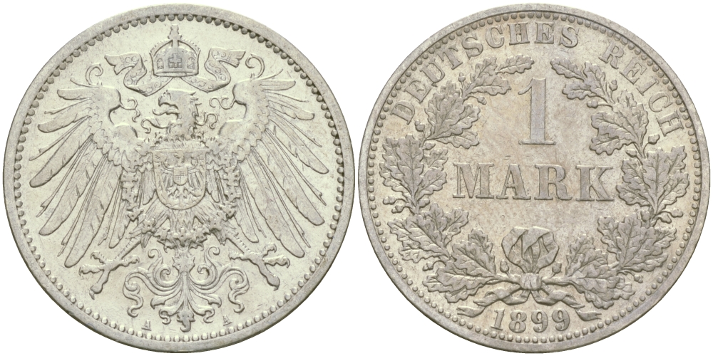Германия 1 марка 1899 A Weege 18, J. 17, KM 14 серебро aUNC 413-5511