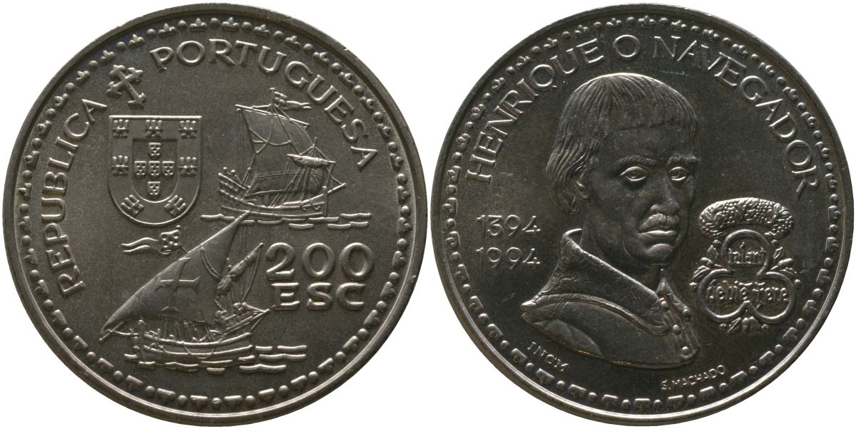 Португалия 200 эскудо 1994 INCM, 600 лет со дня рождения Генриха Мореплавателя KM 670 медно-никель aUNC 00-00