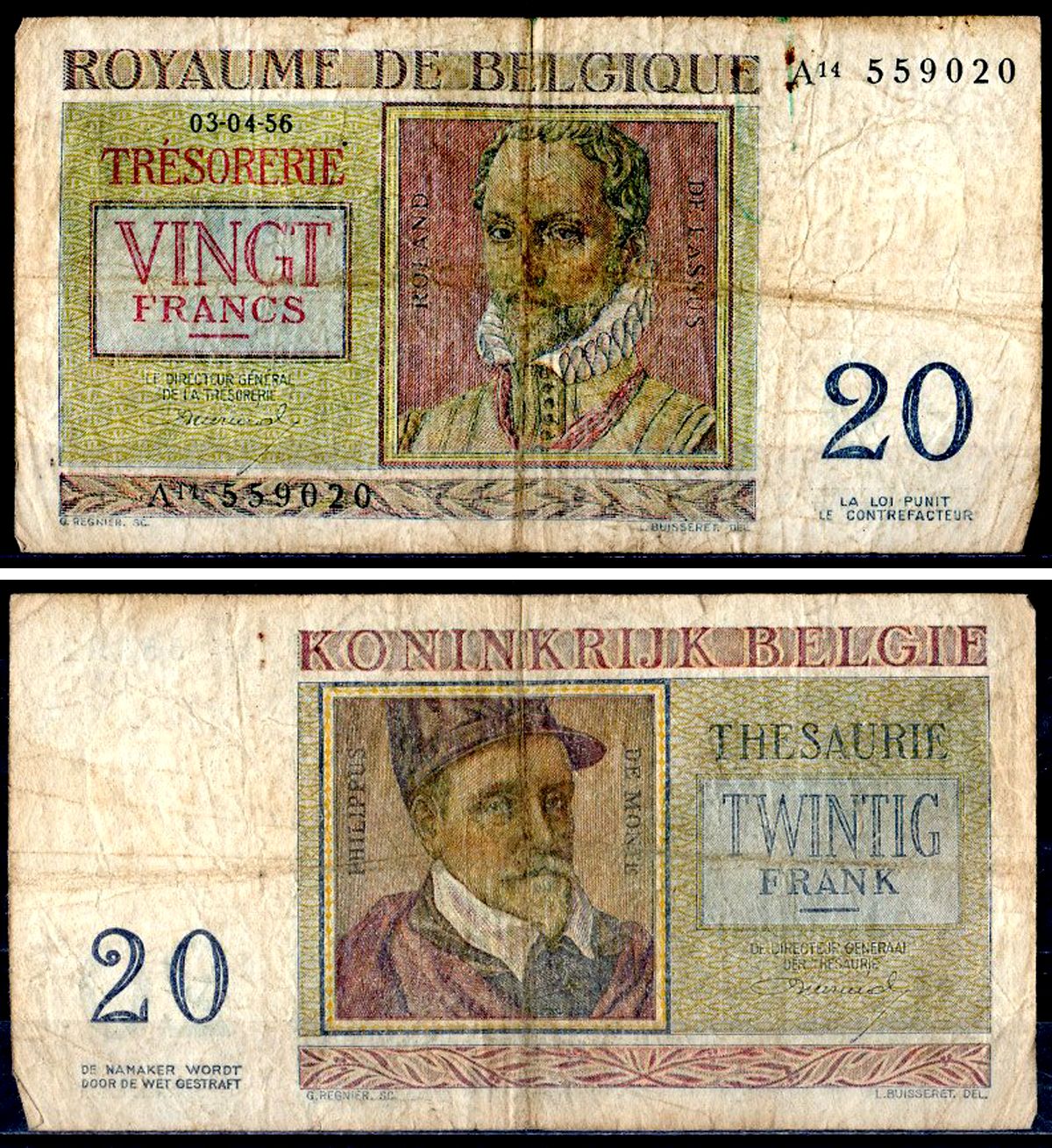 Бельгия 20 франков 1956 Pick 132 b бумага 6300-29-1-2