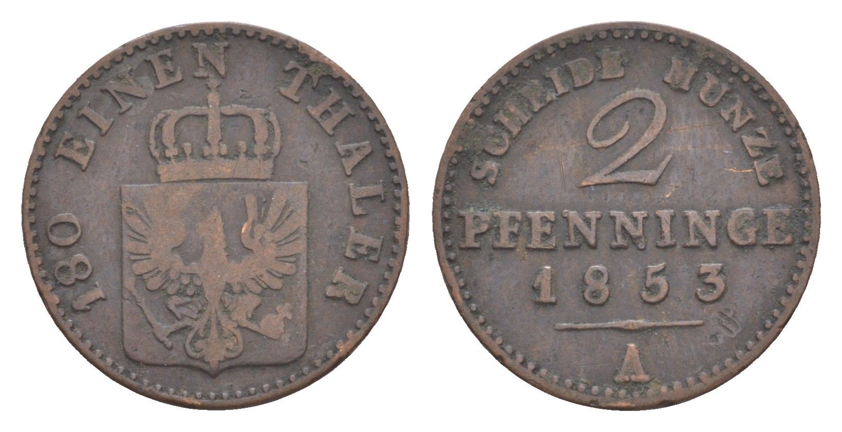 Пруссия 2 пфеннига 1853 A, Фридрих Вильгельм IV (1840-1861) KM 452, Jaeger 51, Olding 336, AKS 91 медь 4651-269