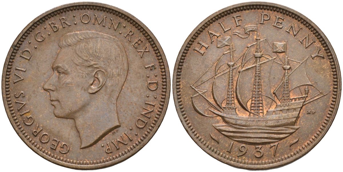 Великобритания 1/2 пенни 1937 Георг VI (1936-1952) KM 844, Spink 4115 бронза 4126-745