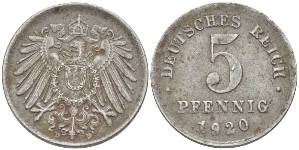 ГЕРМАНИЯ 5 ПФЕННИГОВ 1920 D KM 19, J. 297, Weege 5 железо 206-727