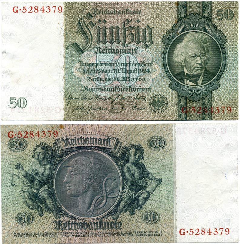 ГЕРМАНИЯ 50 РЕЙХСМАРОК 1933 Pick 182a бумага XF 7457-20-3