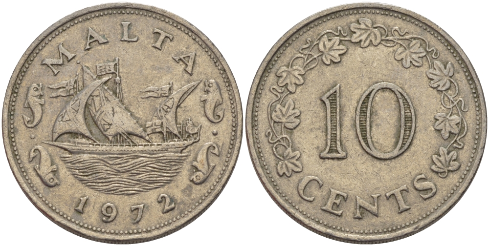 Мальта 10 центов 1972 баржа Великого магистра KM 11 медно-никель 82-511