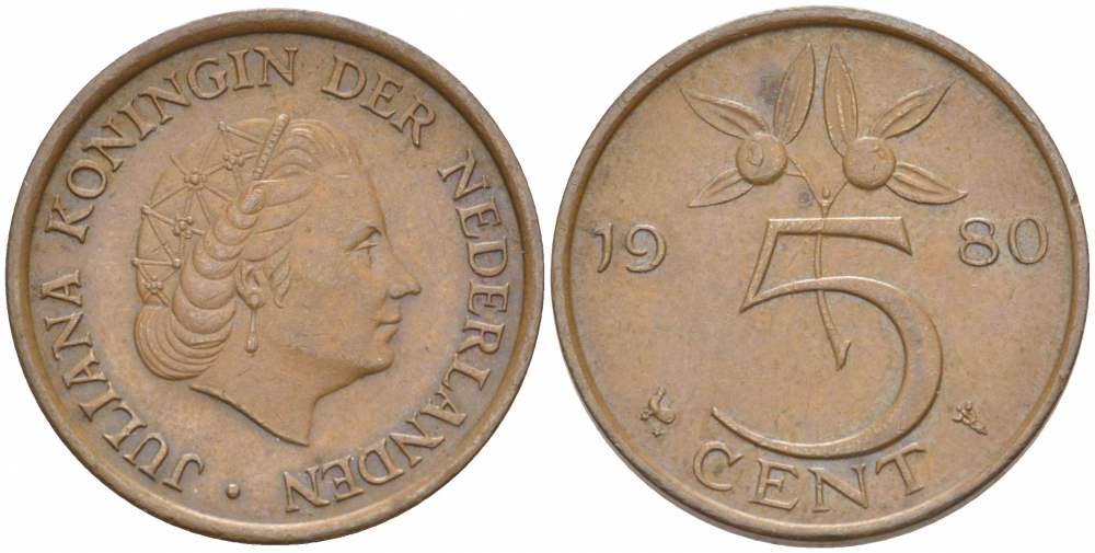 Нидерланды 5 центов 1980 Юлиана (1948-1980) KM 181 бронза 214-258