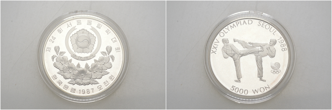 Южная Корея 5000 вон 1987 XXIV Летние Олимпийские игры в Сеуле 1988 года, тхэквондо KM 66 серебро PROOF 00-000-00