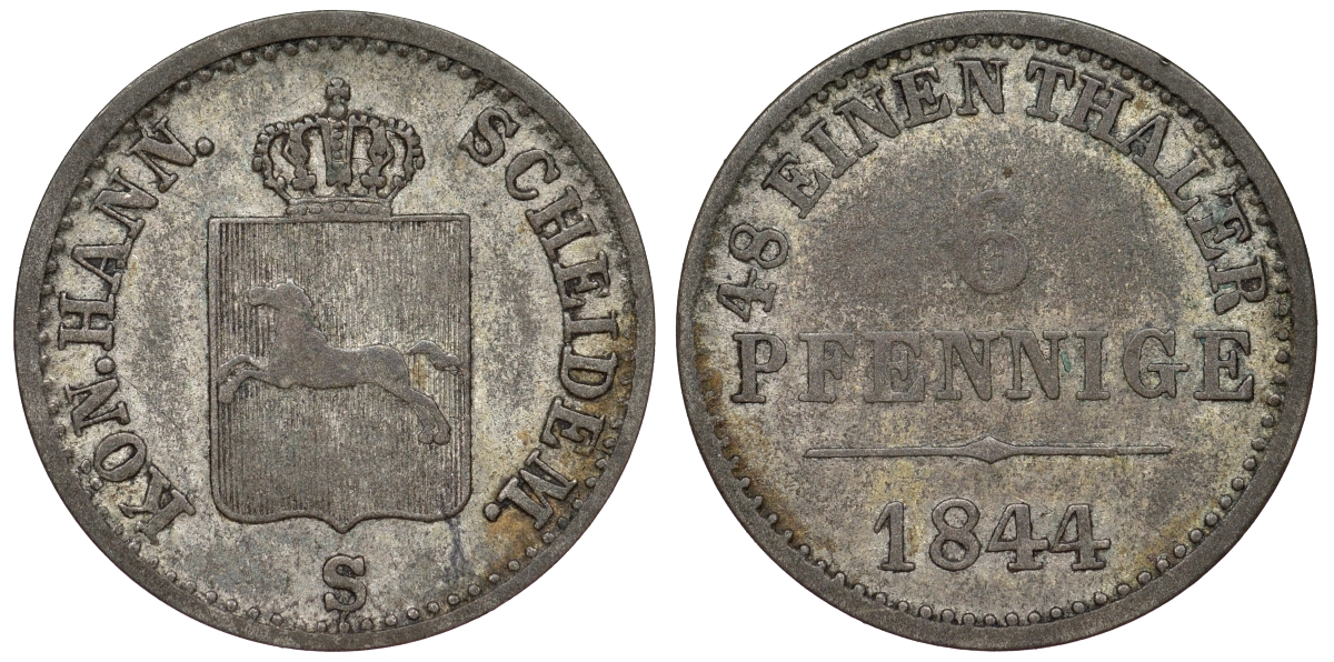 Ганновер 6 пфеннигов 1844 B KM 198.2, Jaeger 57, AKS 119 серебро 71-342