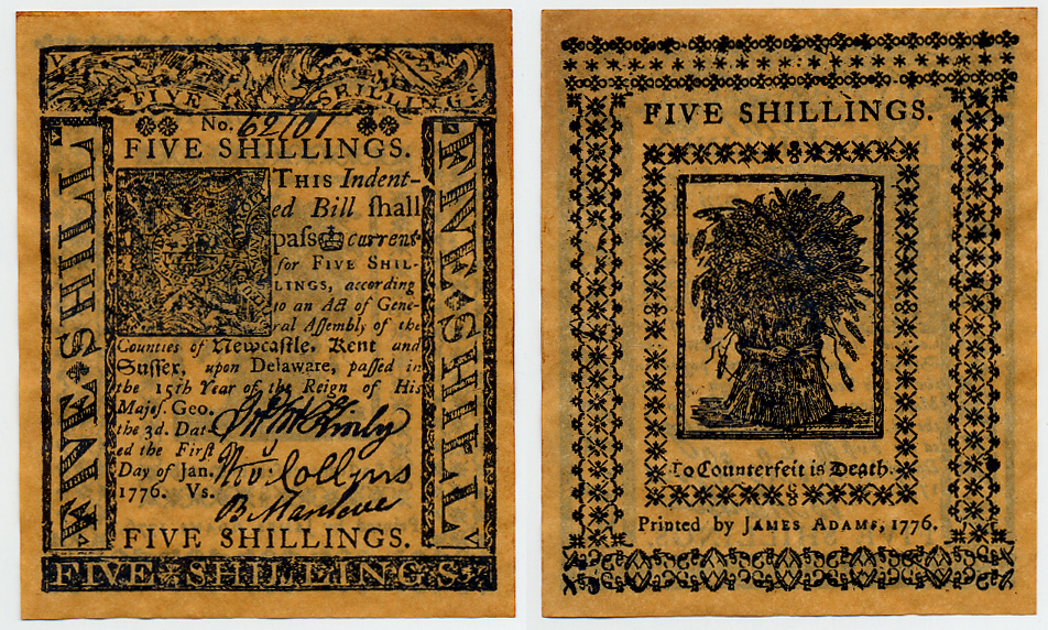 США 5 ШИЛЛИНГОВ 1776 РЕПЛИКА, БРИТАНСКИЕ СЕВЕРО-АМЕРИКАНСКИЕ КОЛОНИИ, ДЕЛАВЭР бумага 6317-22-3-2