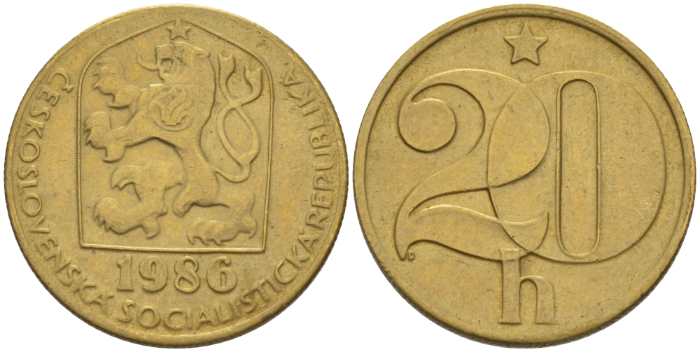 ЧЕХОСЛОВАКИЯ 20 ГЕЛЛЕРОВ 1986 СОЦИАЛИСТИЧЕСКАЯ РЕСПУБЛИКА KM 74 латунь 4390-211