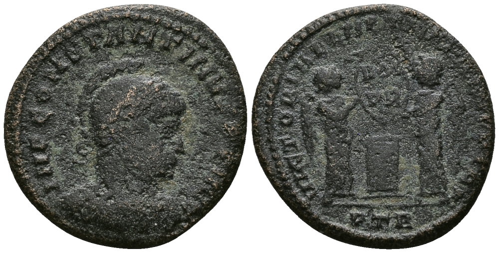 Римская Империя нуммий 322 - 323 Константин I Великий VICTORIAE LAETAE PRINC PERP Августа Треверов Very fine (степень редкости R5) RIC 209 бронза 1073-6-31