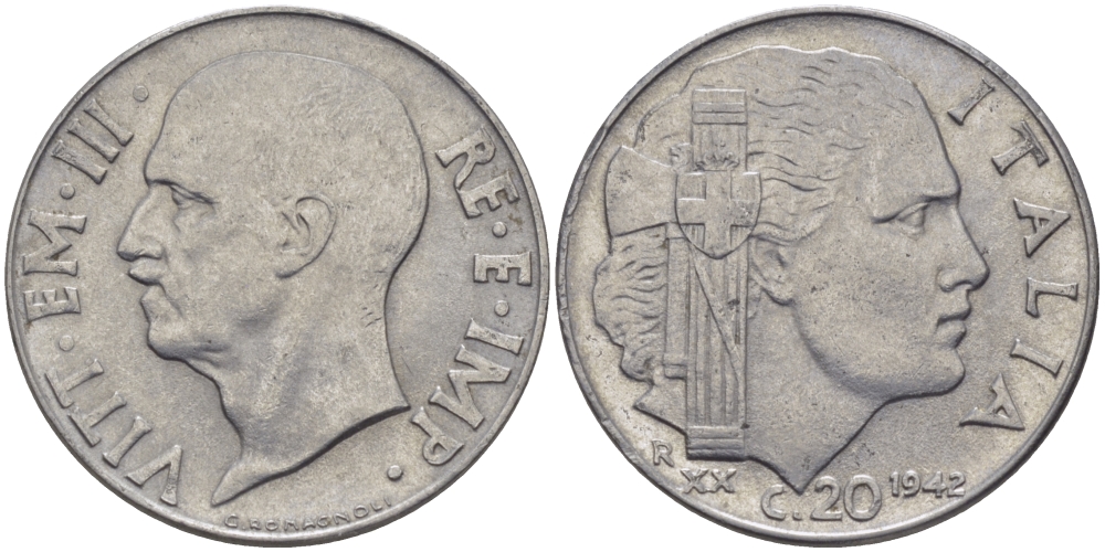ИТАЛИЯ 20 ЧЕНТЕЗИМО 1942 R, XX ГОД, ВИКТОР ИМАНУИЛ III, МАГНИТНАЯ KM 75b нержавеющая сталь 28-121