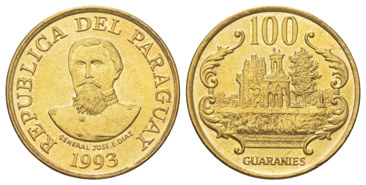 Парагвай 100 гуарани 1993 KM 177a сталь плакированная латунью UNC 4624-157