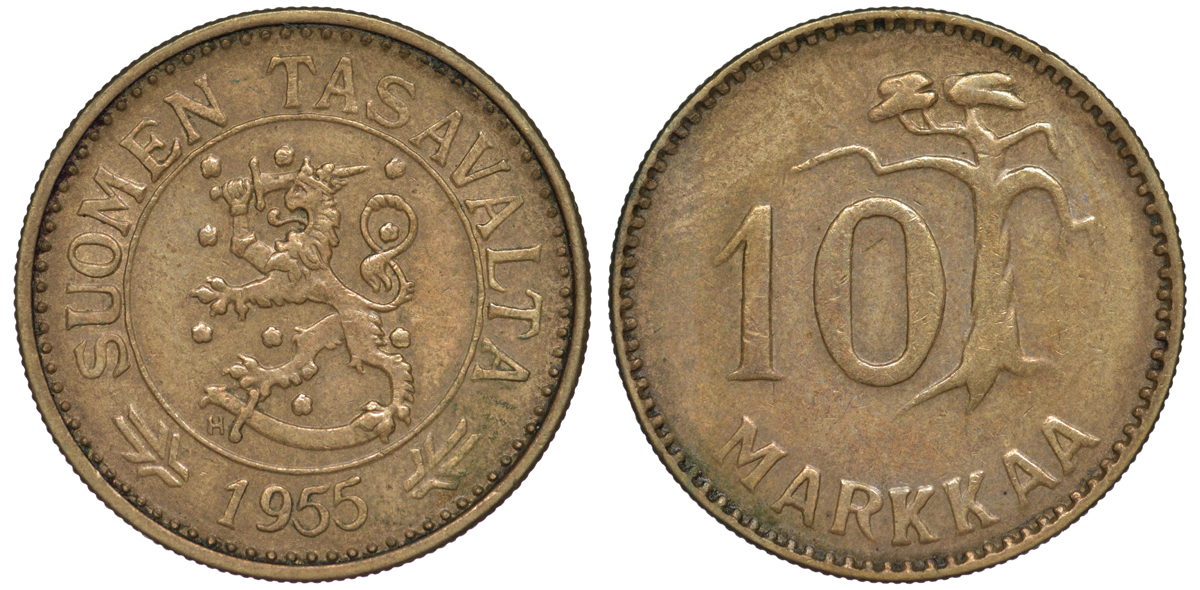 ФИНЛЯНДИЯ 10 МАРОК 1955 H KM 38 алюминиевая бронза XF 3334-1014