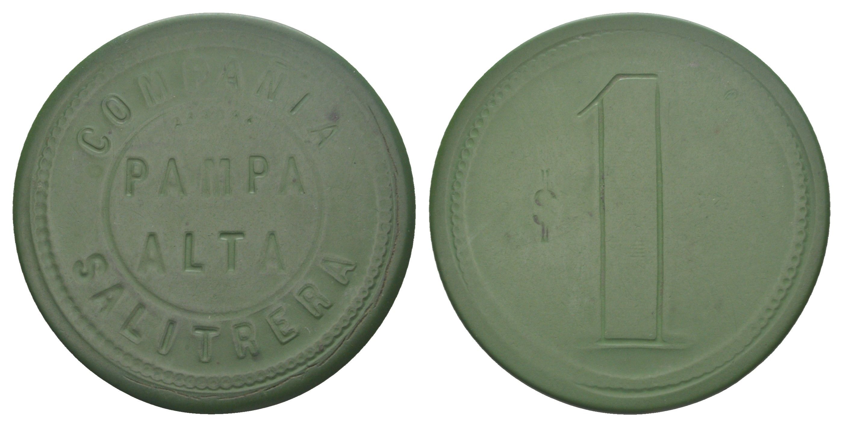 Чили, Пампа Альта (Pampa Alta), Антофагаста шахтерский жетон с Селитряного рудника для покупки в местных магазинах, номиналом в 1 песо около 1905 диаметр 45 мм, вес 6,05 гр Espinosa 216.3 эбонит (зеленый) 01-239-54