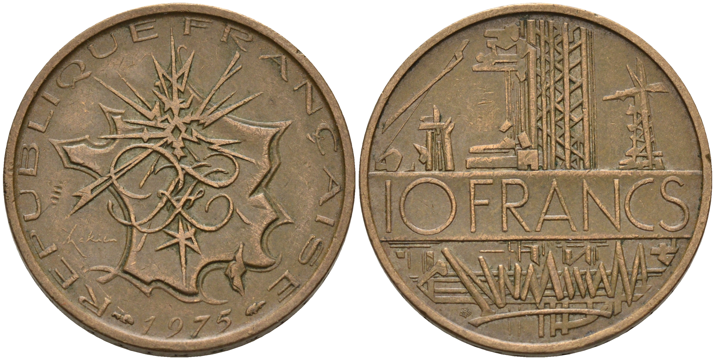 Франция 10 франков 1975 тип Матье KM 940, Le Franc 365.5-6 никель латунь 4599-1022