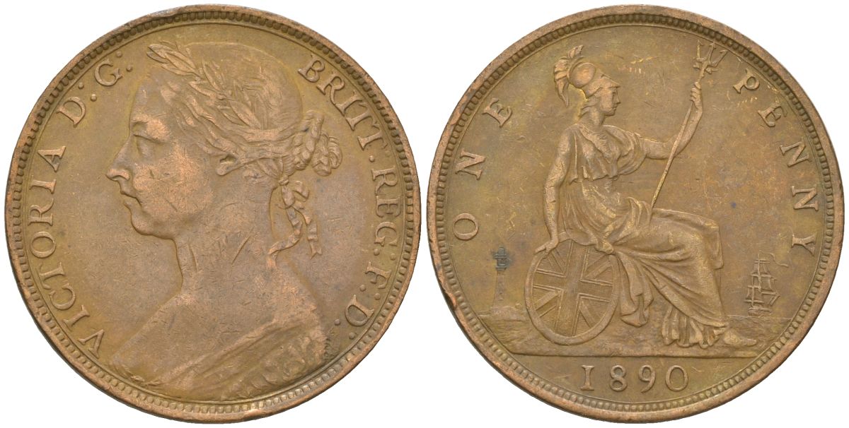Великобритания 1 пенни 1890 Виктория (1837-1901) KM 755, Spink 3954 бронза    4590-946