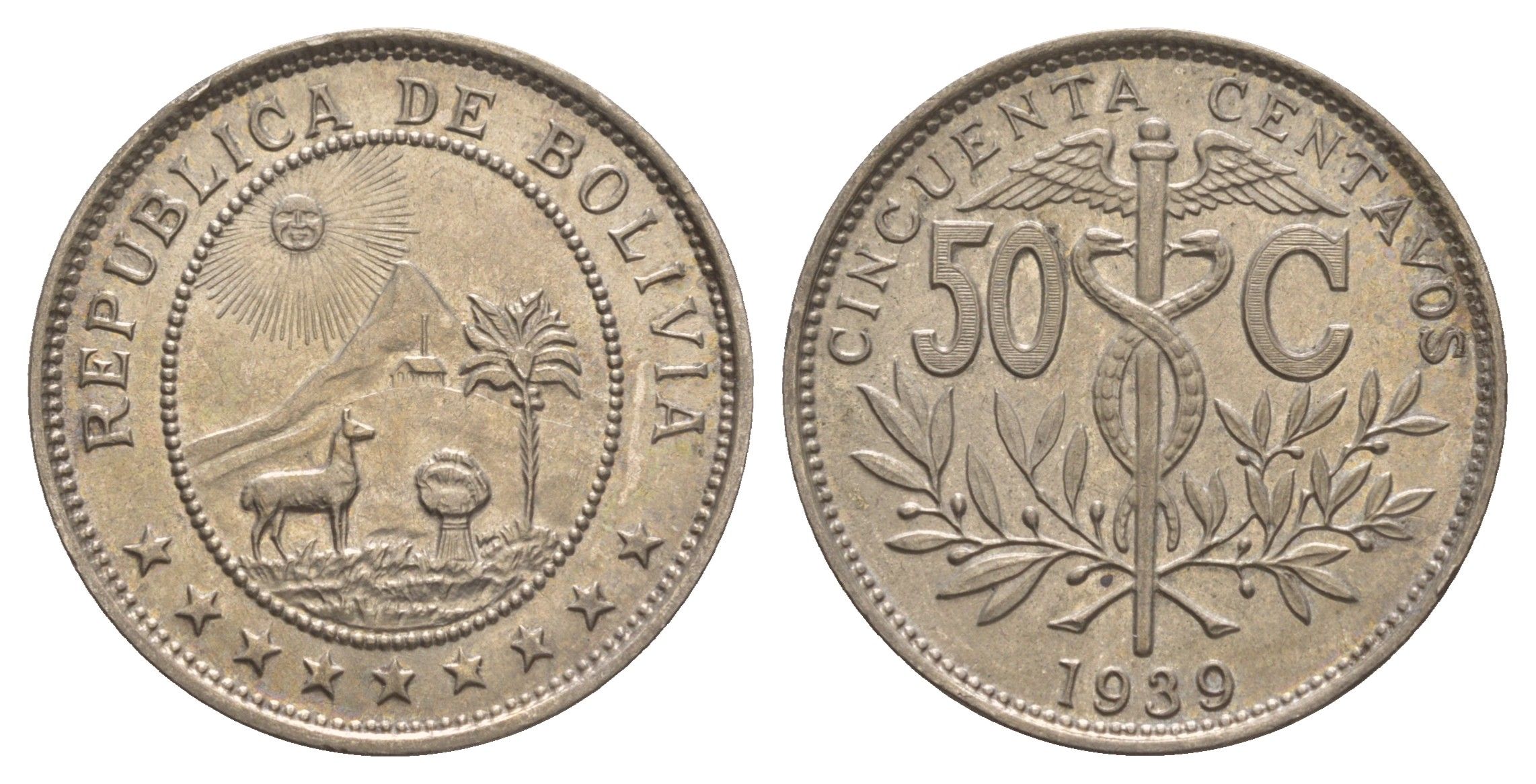 Боливия 50 сентаво 1939 кадуцей, лама, горы, солнце KM 182 медно-никель aUNC 4653-542