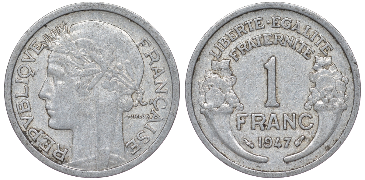 Франция 1 франк 1947 KM 885а.1 алюминий 25-2345