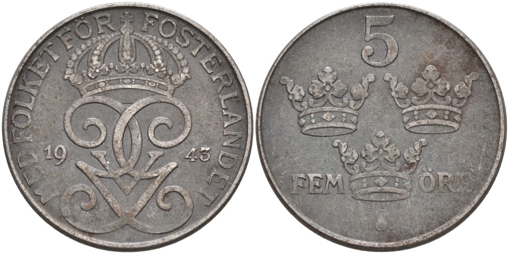 Швеция 5 эре 1943 Густав V (1907-1950) KM 812 железо 4557-712