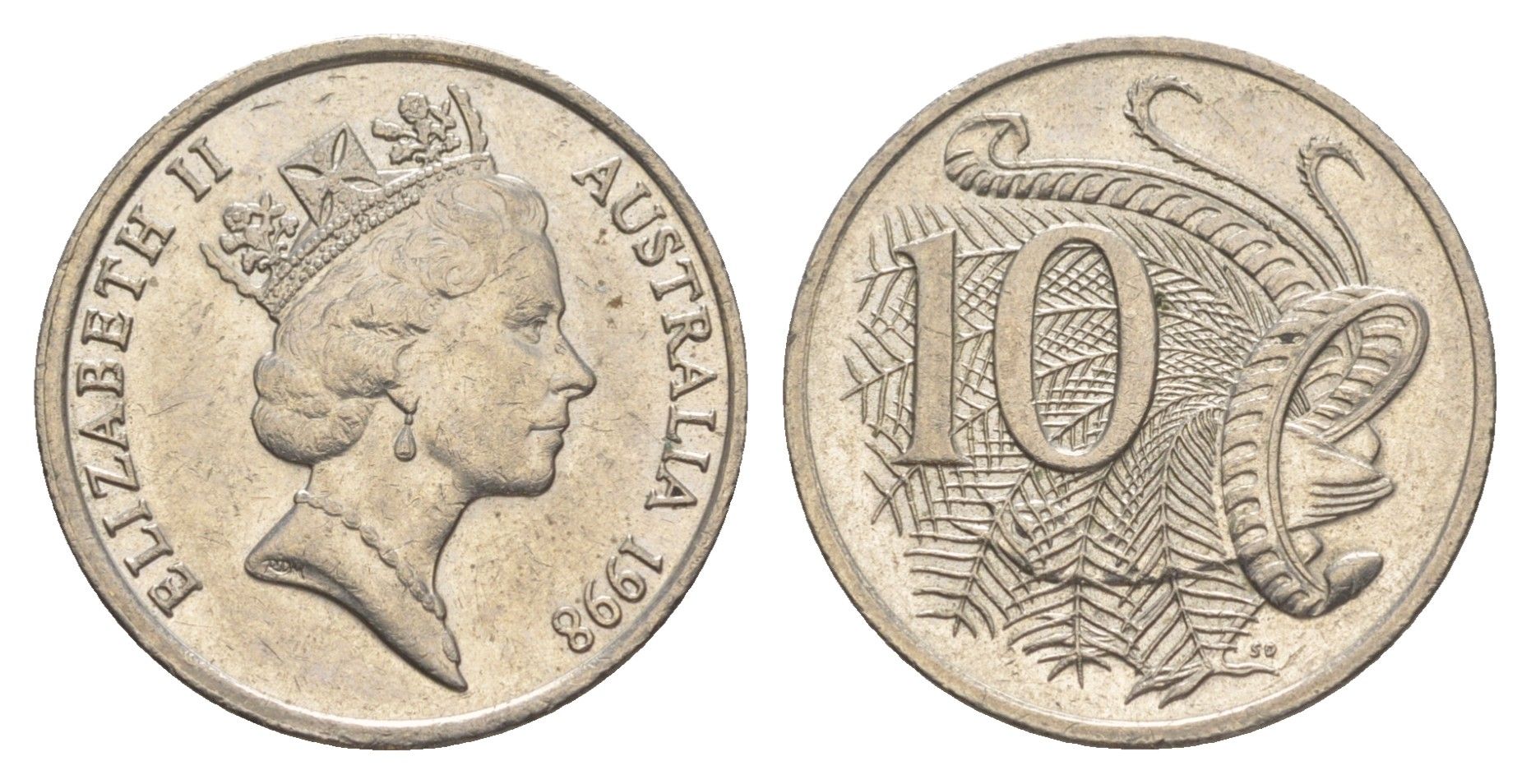 Австралия 10 центов 1998 Елизавета II (1952-2022), птица лирахвост KM 81 медно-никель 4384-221