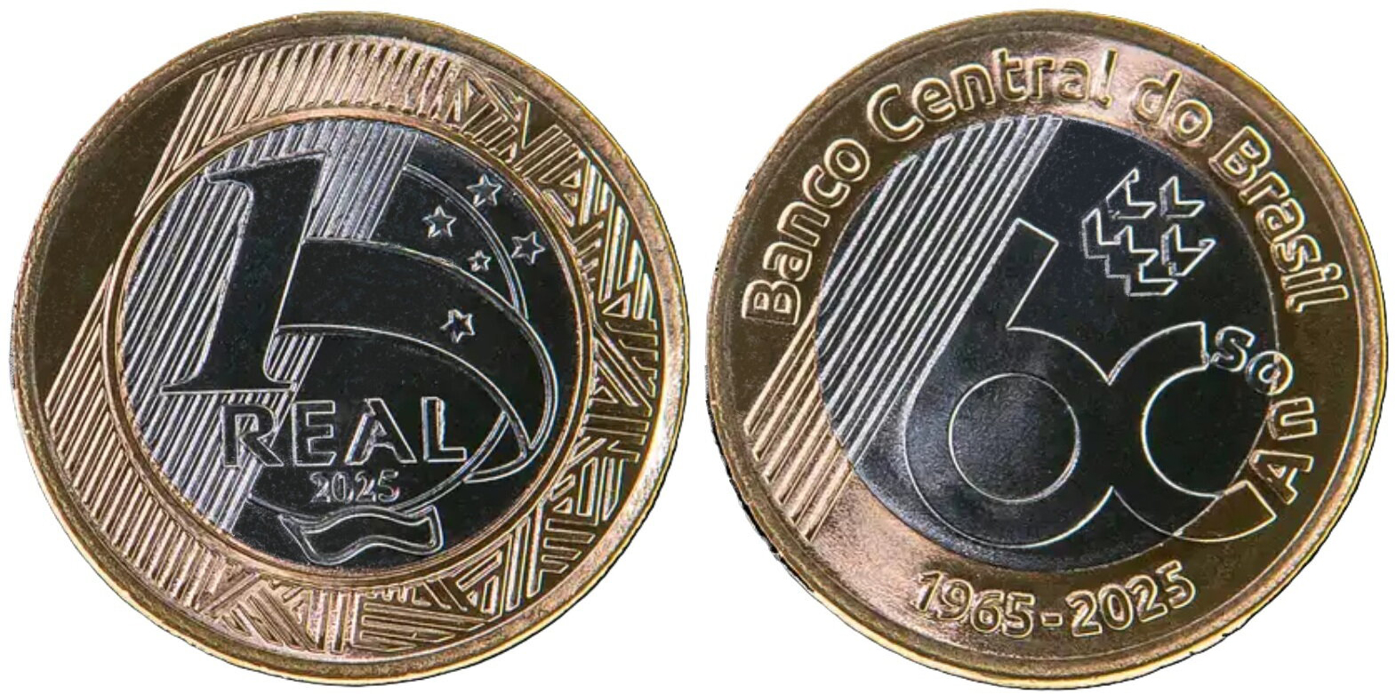 Бразилия 1 реал 2025 60 лет Центральному Банку BR-001482 биметалл  UNC  M71-20