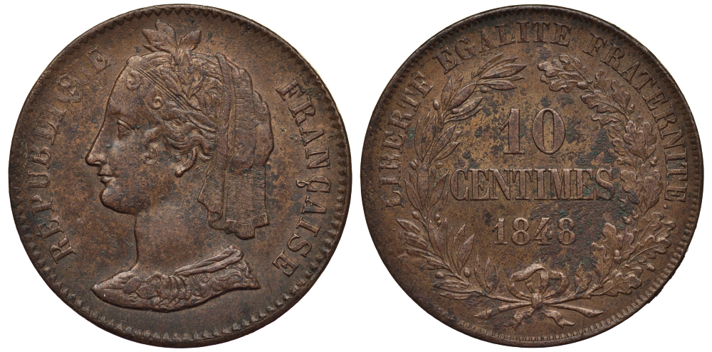 Франция 10 сантимов 1848 пробная / проба KM Pn 46 медь 00-817-17