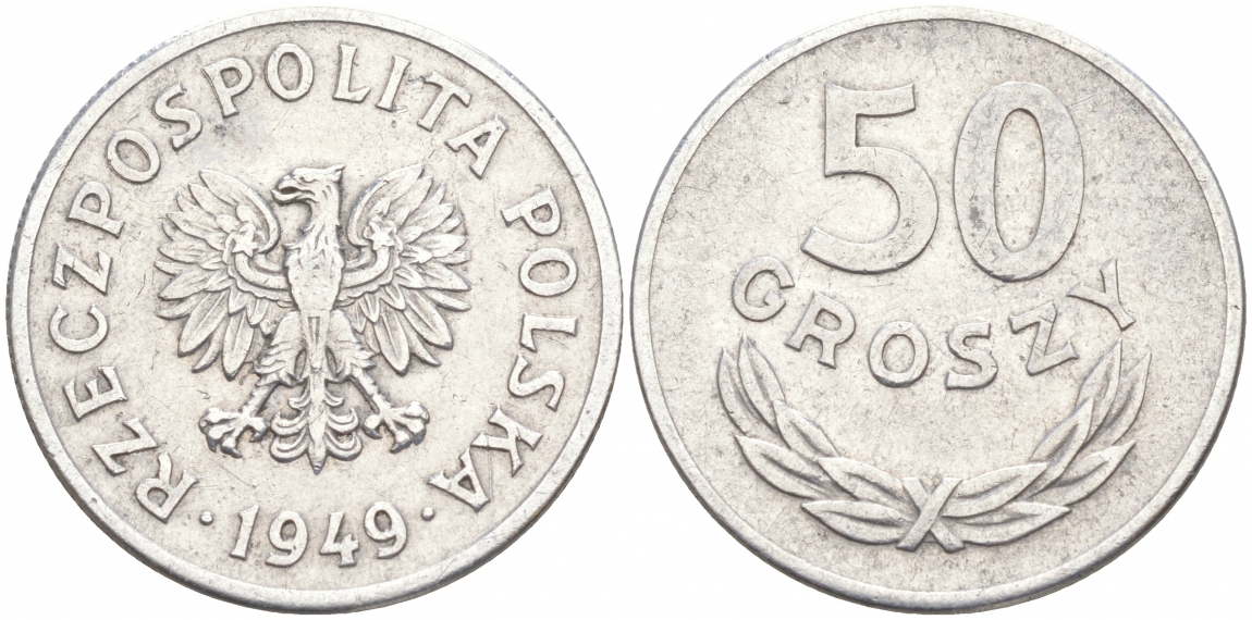 Польша 50 грошей 1949 KM 44а, Parchimowicz 209b алюминий 68-325