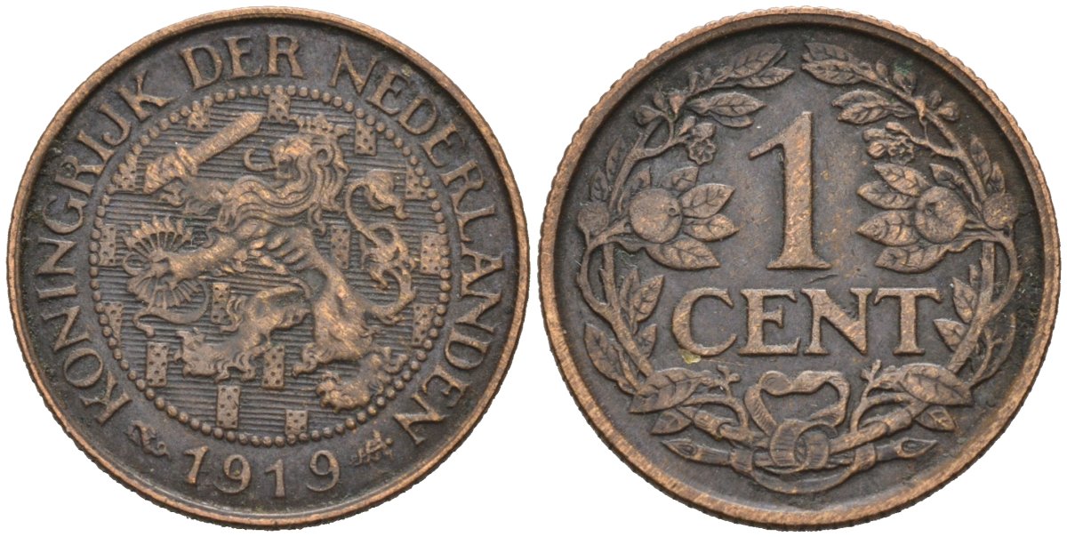 Нидерланды 1 цент 1919 Вильгельмина (1890-1948) KM 152 бронза 4576-726
