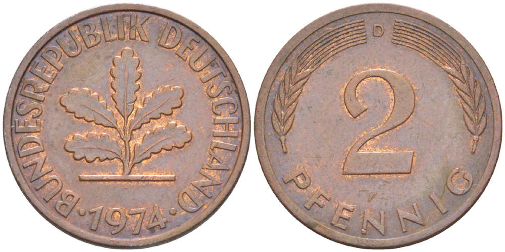ФРГ 2 ПФЕННИГА 1974 D KM 106а, J. 381а сталь плакированная сталь плакированная медьюю 4181-811
