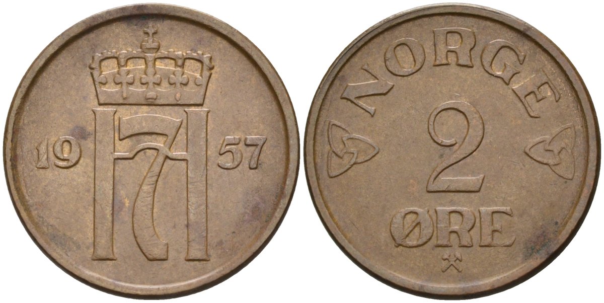 Норвегия 2 эре 1957 Хокон VII (1905-1957) KM 399 бронза 4582-521