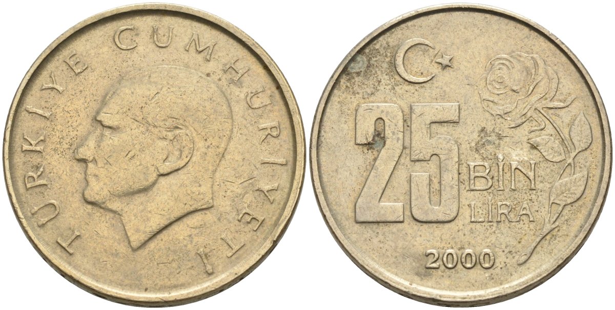 Турция 25000 лир 2000 Мустафа Кемаль Ататюрк KM 1041 медь никель цинк 4574-1125
