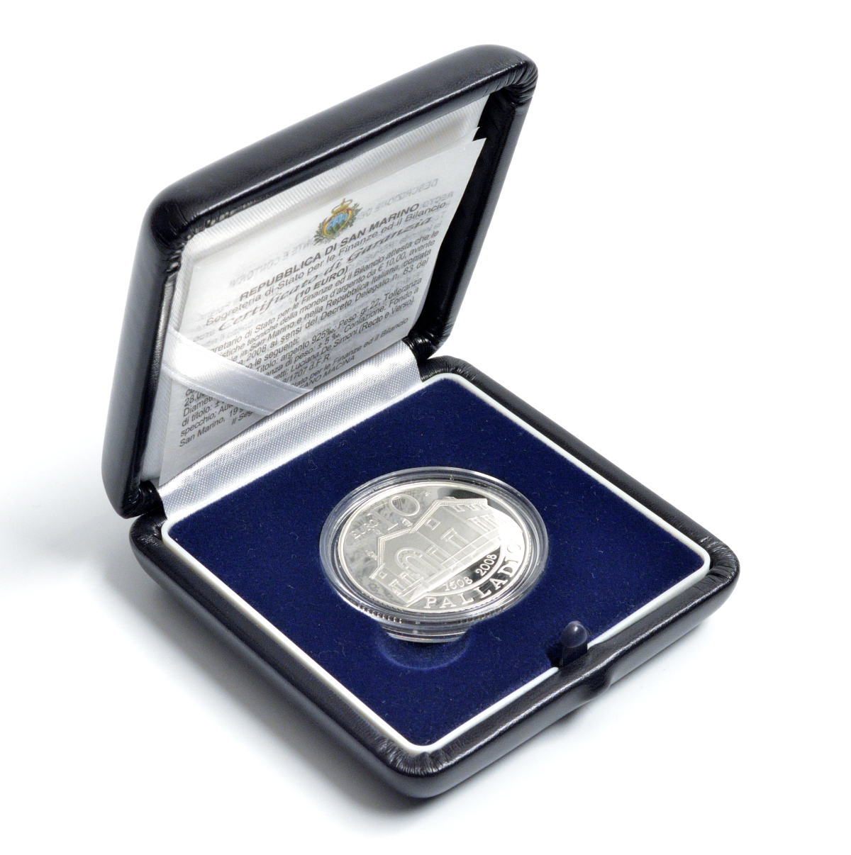 Сан-Марино 10 евро 2008 500 лет Андреа Палладио, в оригинальной коробке, сертификат KM 514 серебро PROOF 2-4-2-13
