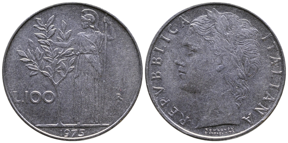 ИТАЛИЯ 100 ЛИР 1975 R, АФИНА KM 96.1 нержавеющая сталь 3334-236