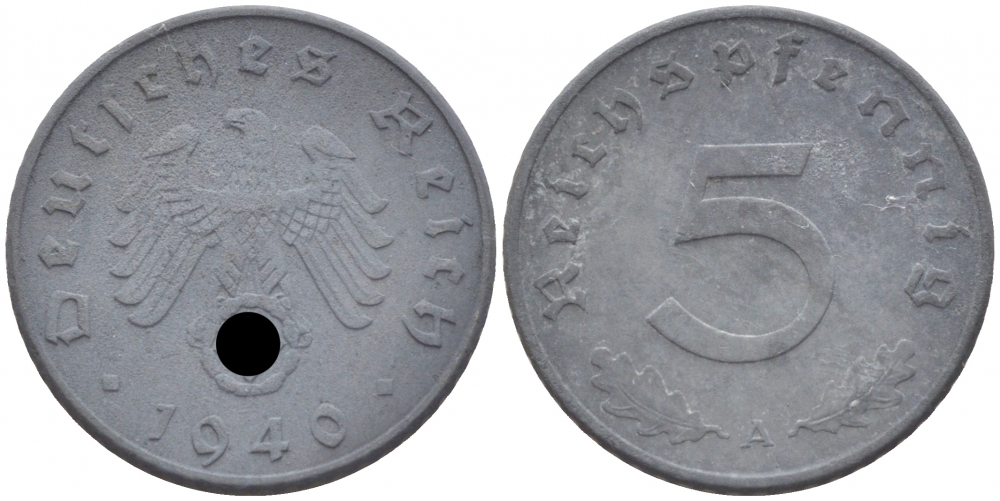 ГЕРМАНИЯ 5 РЕЙХСПФЕННИГОВ 1940 A, KM 100, J. 370 цинк 3309-831