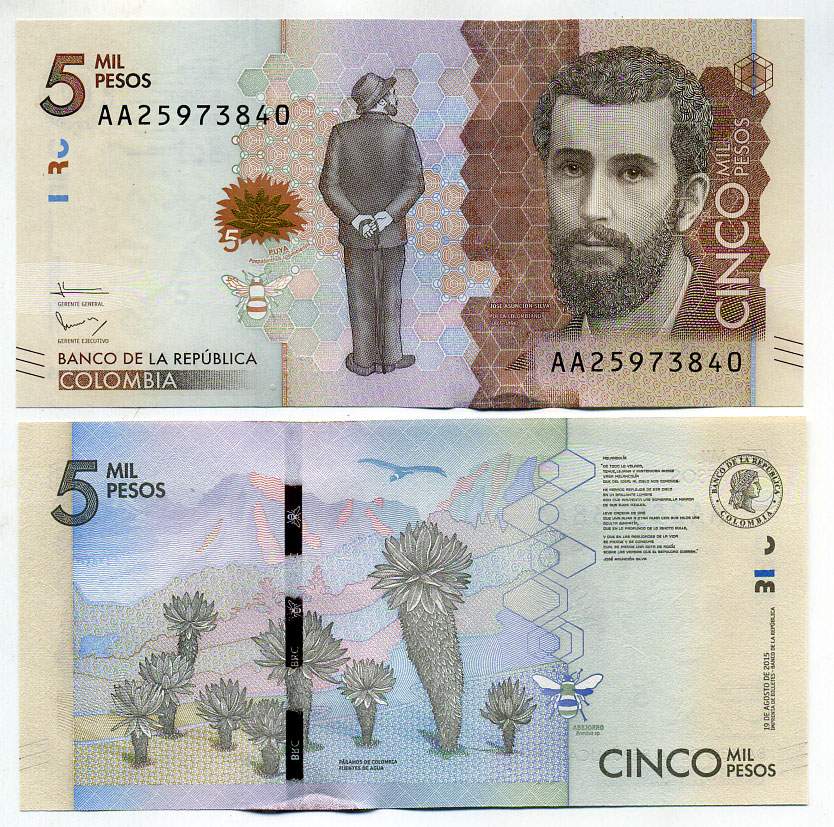 Колумбия 5000 песо 2015 Хосе Асунсьон Сильва, экосистема Райского уголка Pick 459 а бумага UNC (пресс) 449-39-1