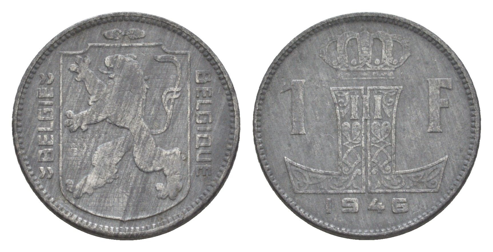 Бельгия 1 франк 1946 Belgie - Belgique, Леопольд III (1934-1947), германская оккупация, Вторая мировая война KM 128 цинк 4613-1016