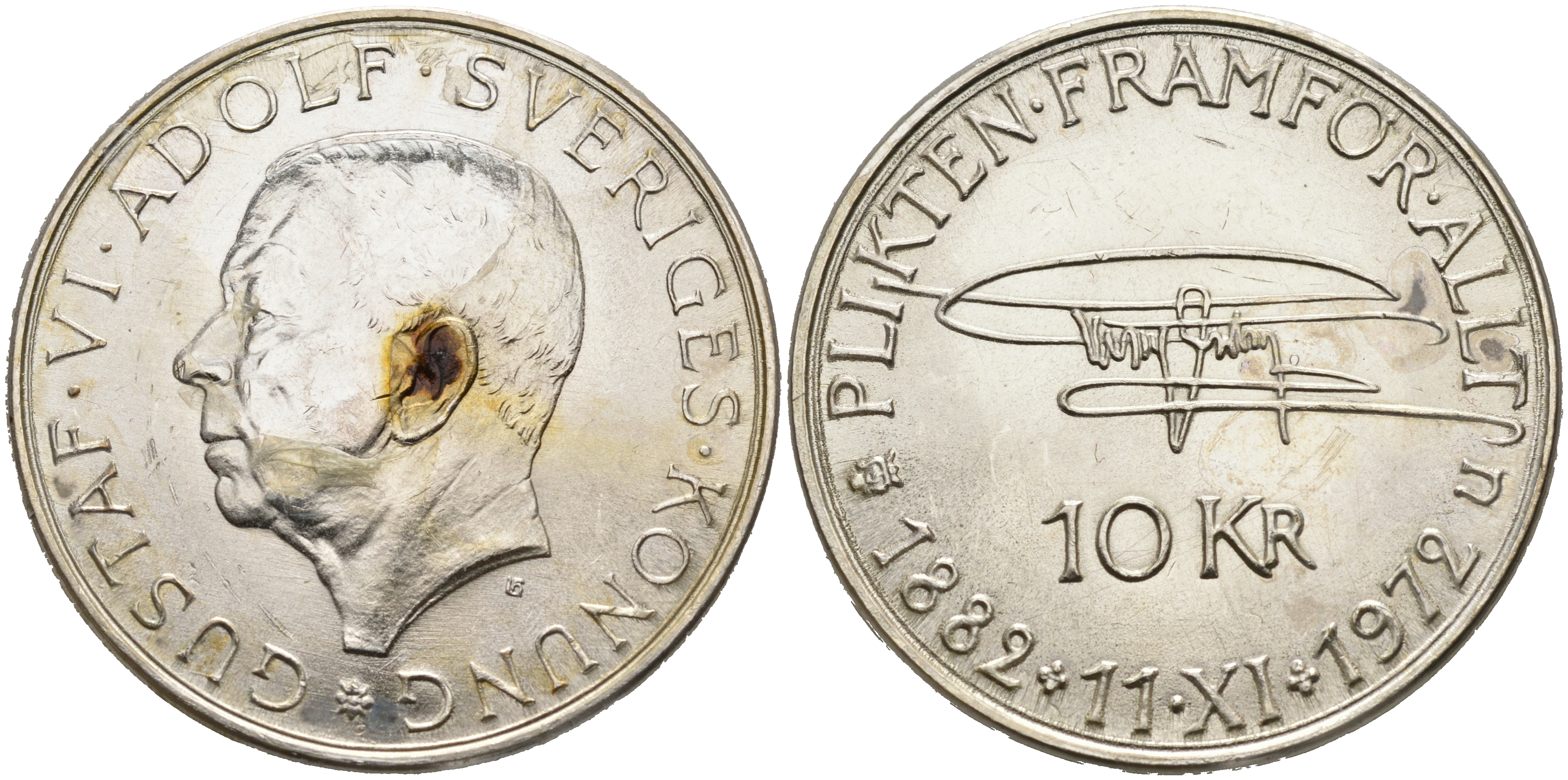 Швеция 10 крон 1972 U, 90 лет со дня рождения Густава VI Адольфа KM 847 серебро 4565-224