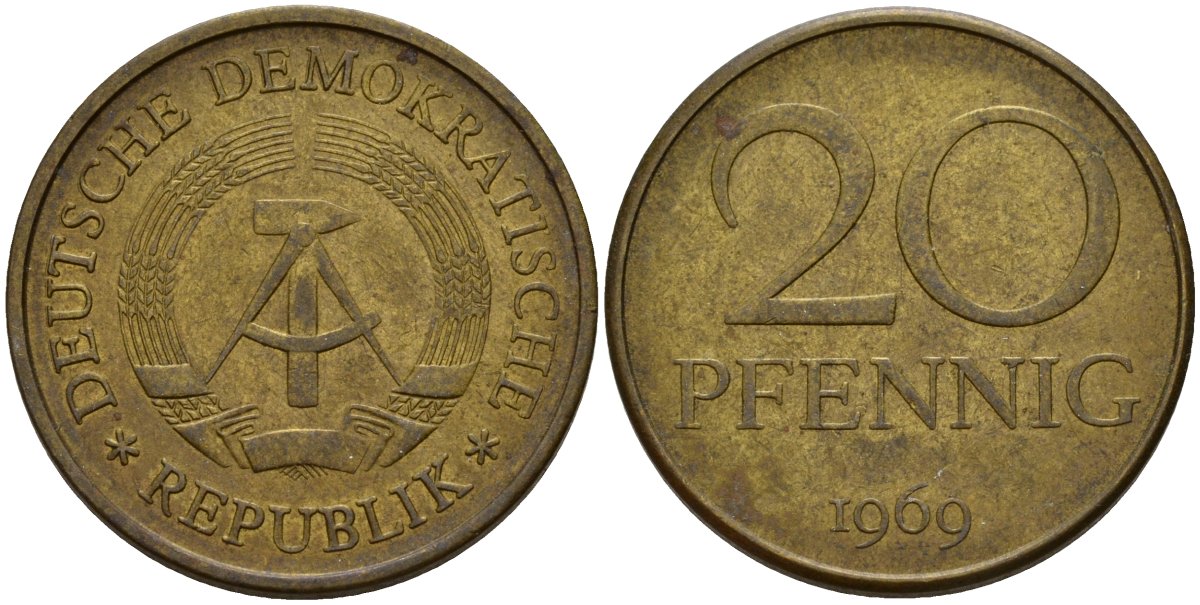 ГДР 20 пфеннигов 1969 A, первый год KM 11 латунь 92-1156