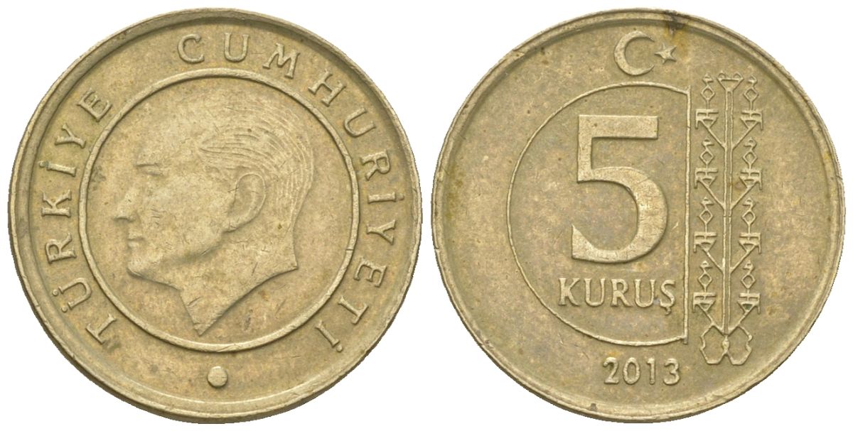 Турция 5 курушей 2013 KM 1240 медь цинк никель 4602-1023