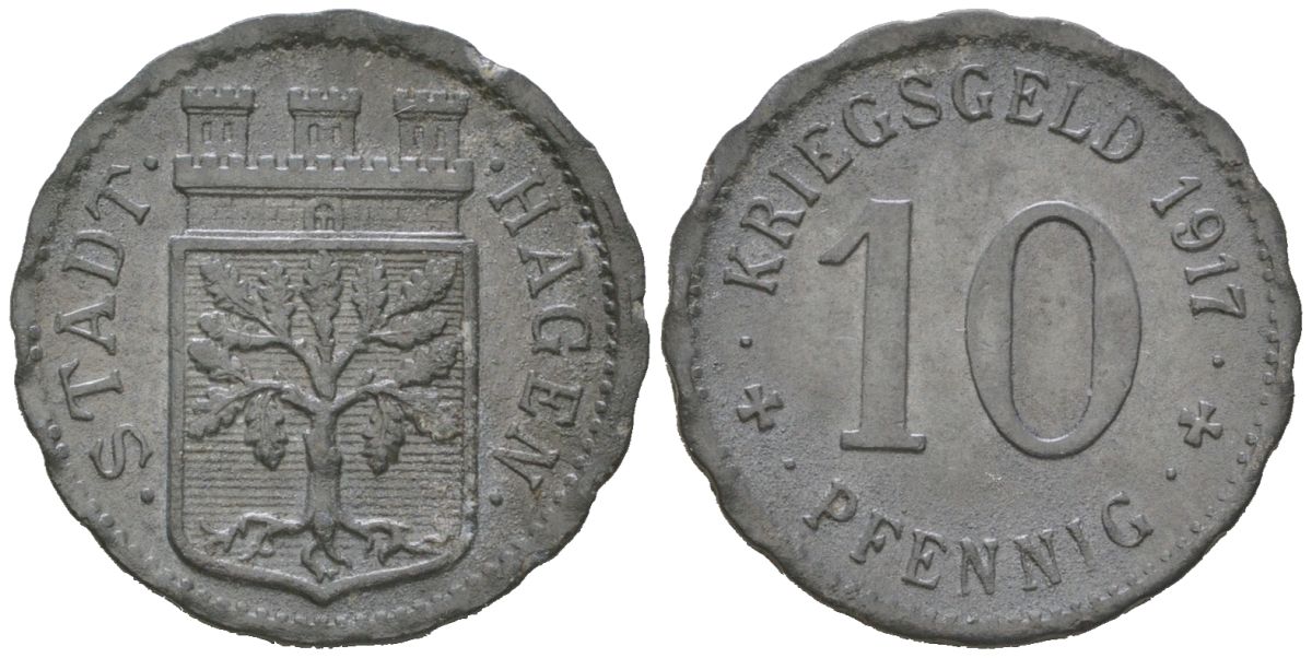 Хаген 10 пфеннигов 1917 Funck 184.1A, Men05 10124.1, Men18 12615.1 цинк 116-531