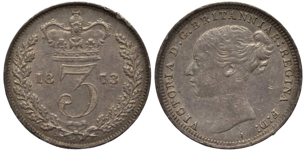 Великобритания 3 пенса 1873 Виктория (1837-1901) KM 730, Spink 3914С серебро 413-3825